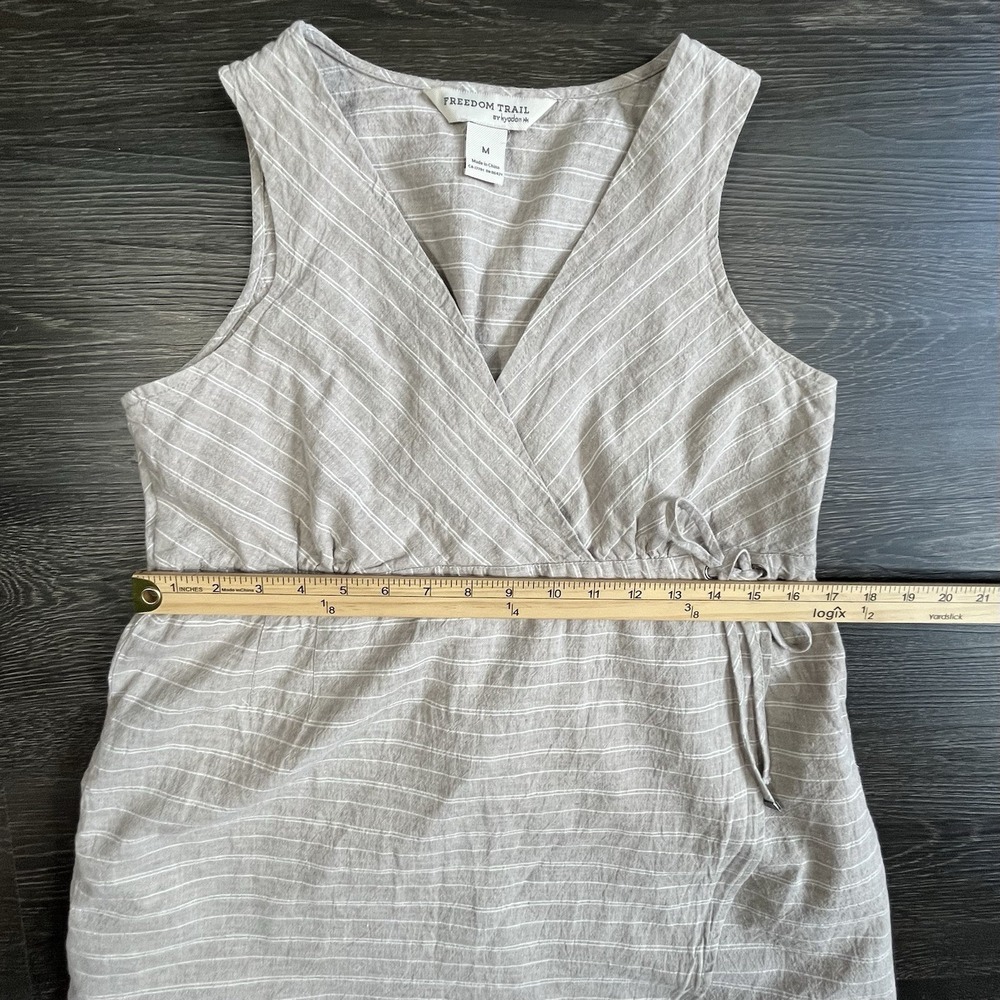 Kyodon Linen Blend Faux Wrap Mini Dress‎ Beige Striped Medium Boho Beach Casual - Picture 8 of 11